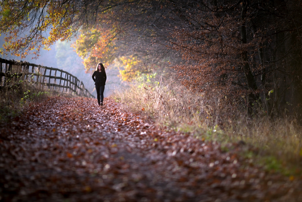 Girl walking on fence in autumn forest
