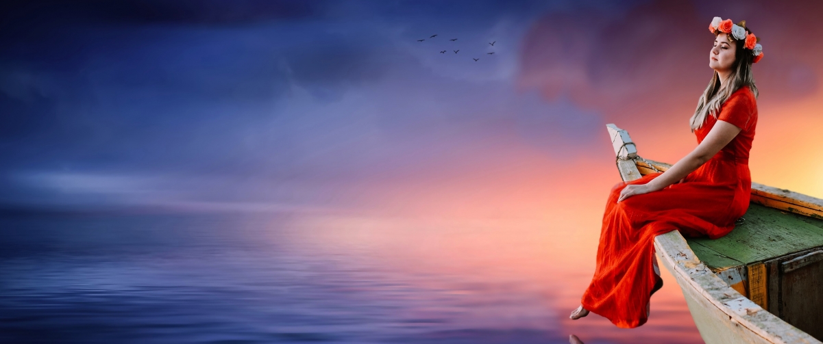 Girl sky boat thinking about the ocean