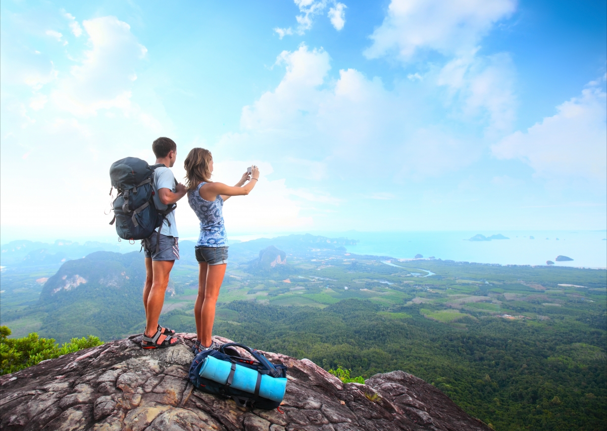 Girl, boy, climbing, looking up