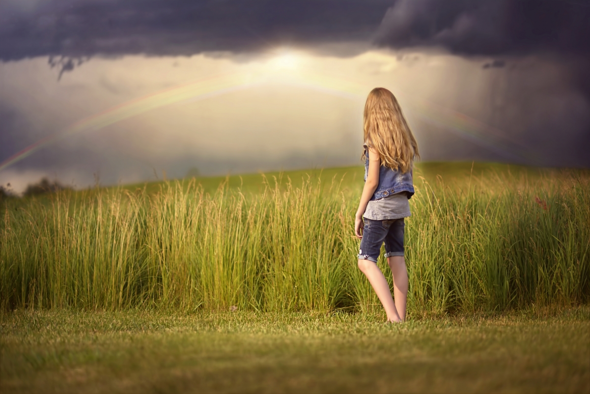 Girl sky rainbow cloud grass