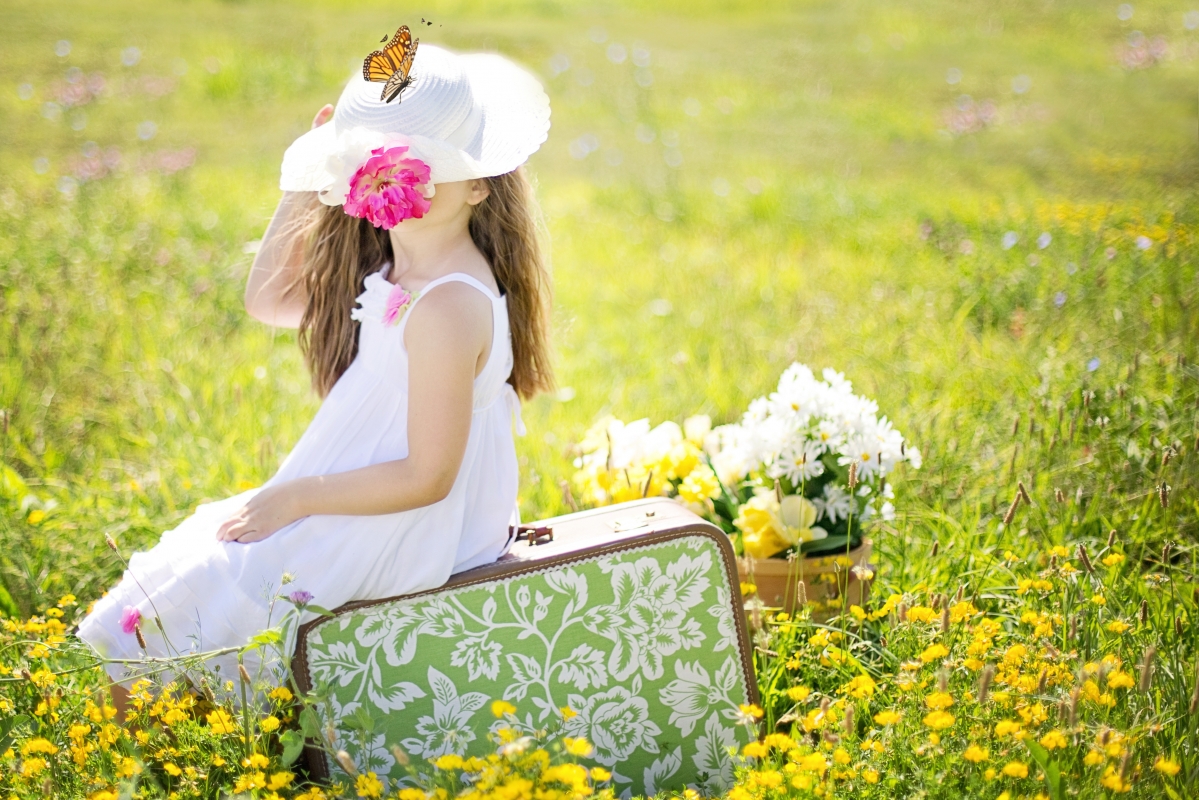 Girl suitcase travel flowers