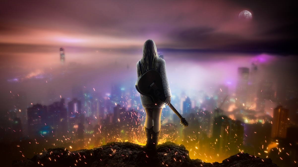 Girl with guitar looking at the city from the top