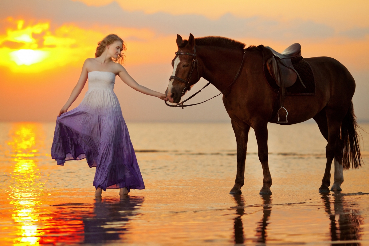 Sea girl sunset coast horse 4