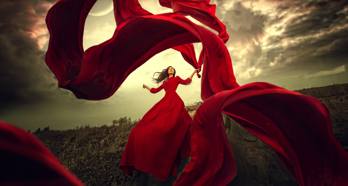 Beauty red in a red dress skirt