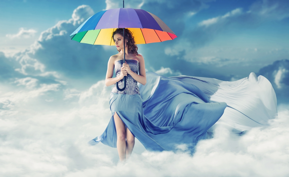 Rainbow Umbrella Beauty Brunette Strolling in Poon