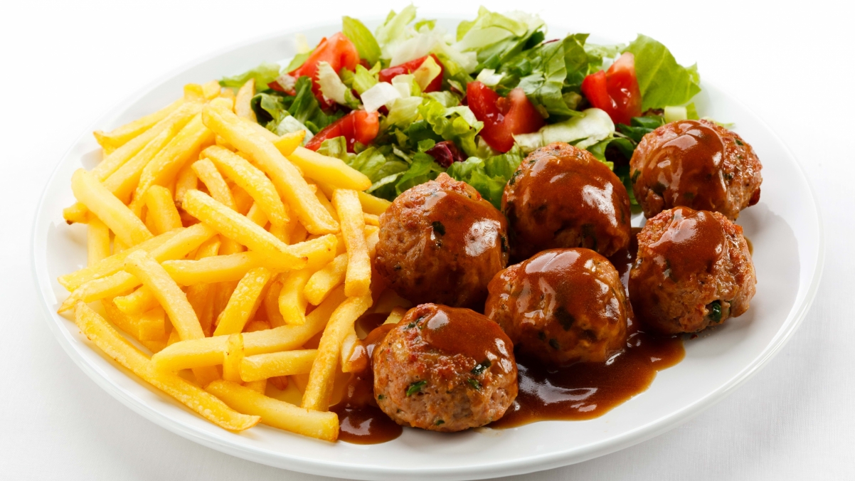 Food french fries meat salad lion