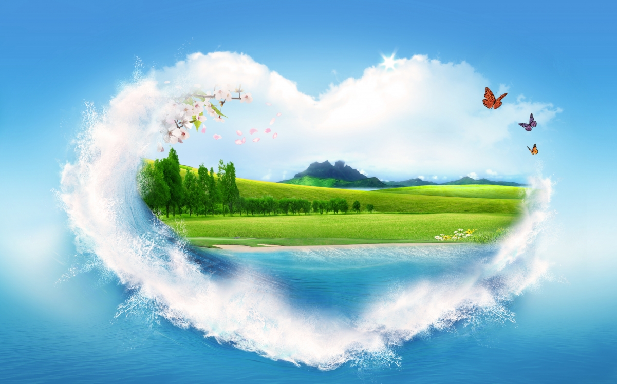 Heart-shaped, love, landscape painting, butterfly