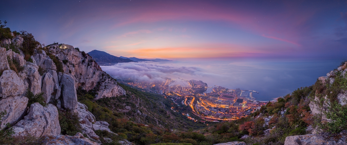 Summer Monaco foggy sunrise with fish