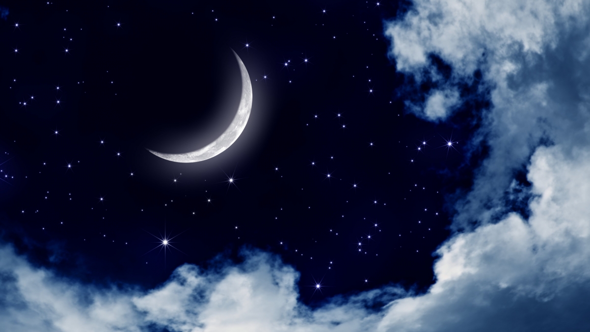 Night, stars, moon, white clouds, 4K