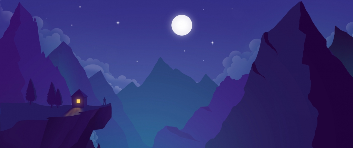 Night, mountains, houses, people, moon, odd