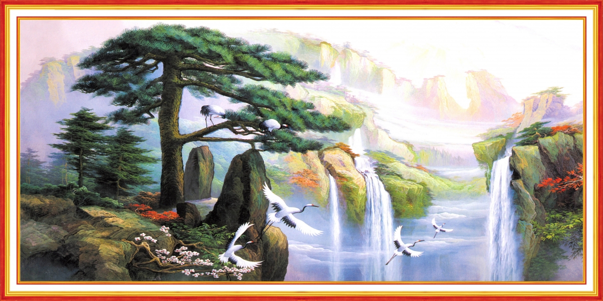 Ink painting mural welcoming pine 6K background