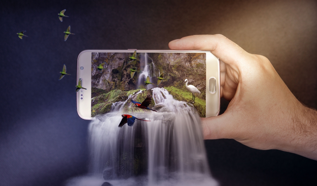 Hand, smartphone, waterfall, nature back