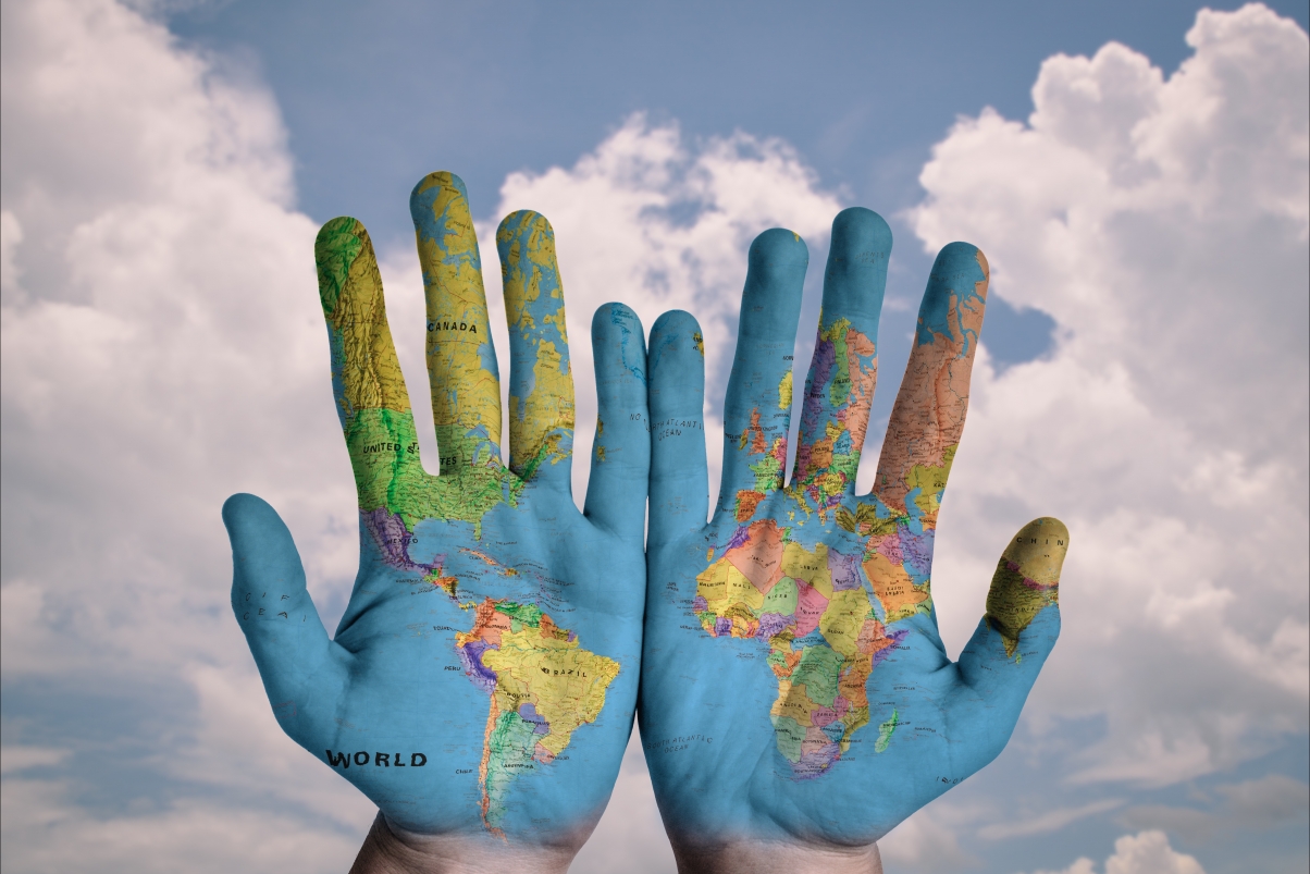 Hand world map blue earth creat