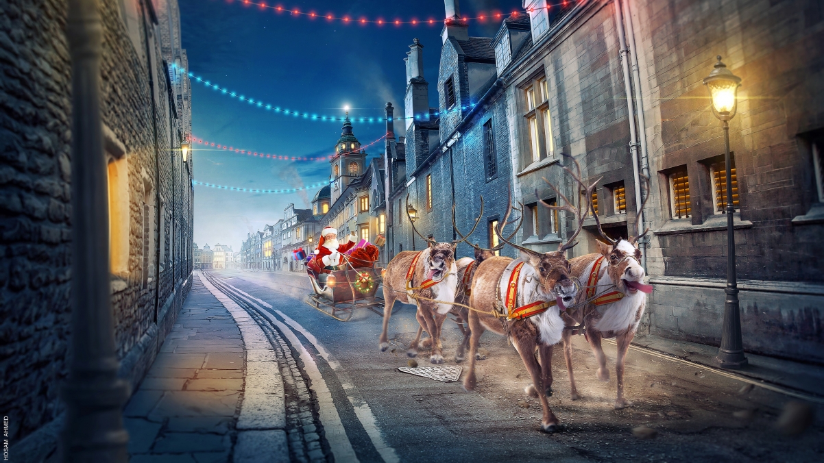 Christmas, street, santa claus, deer