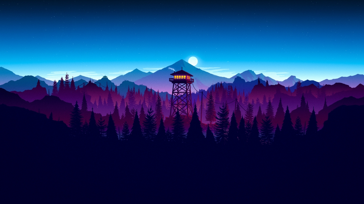 Mountains, watchtower, woods, moon, painted