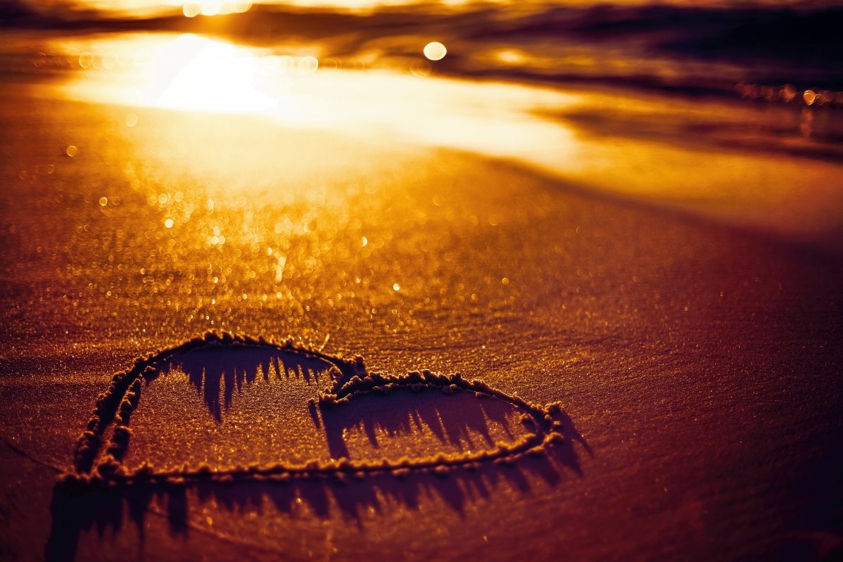 Beach, sunset, heart, love, sand