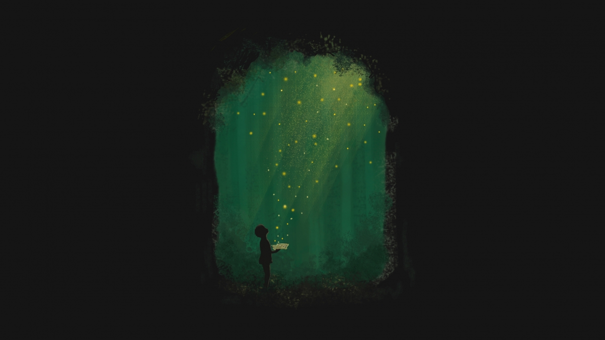 4K wall of a boy with a book in the forest