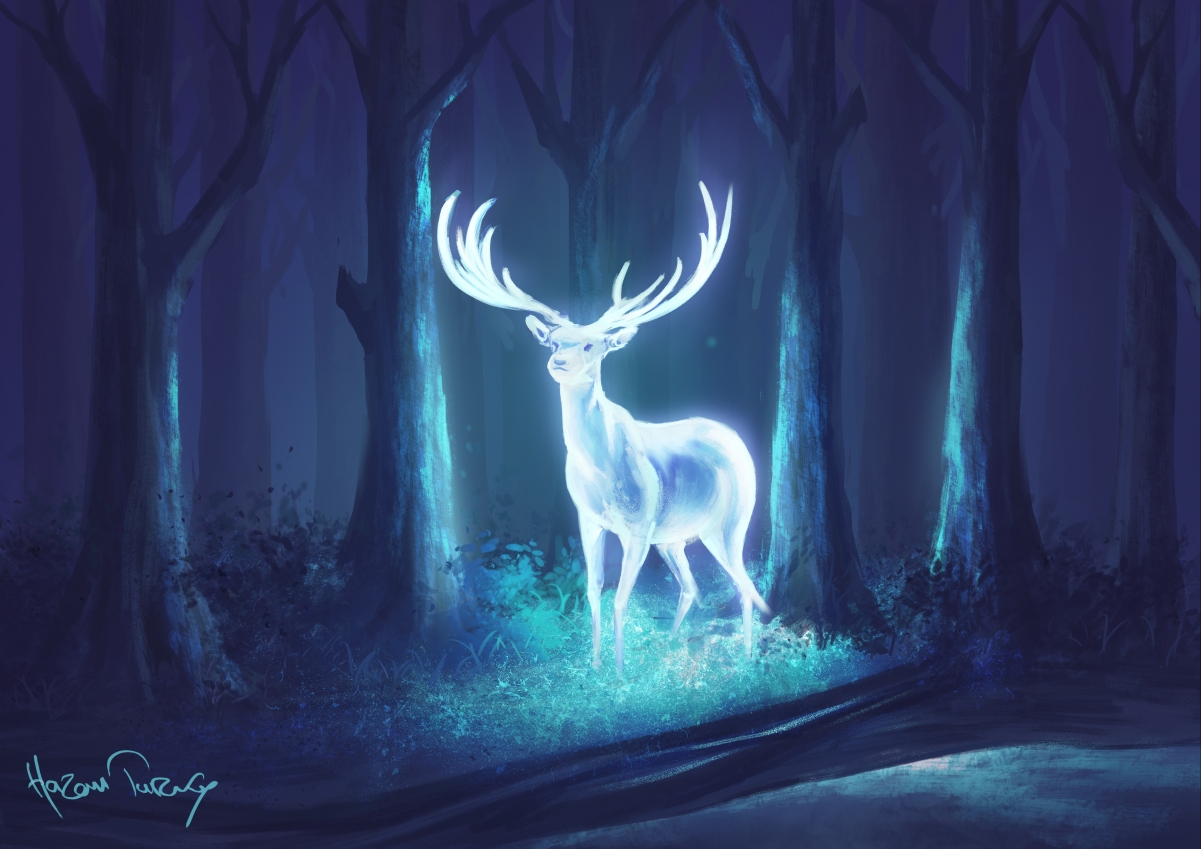Deer in the forest beautiful art at night
