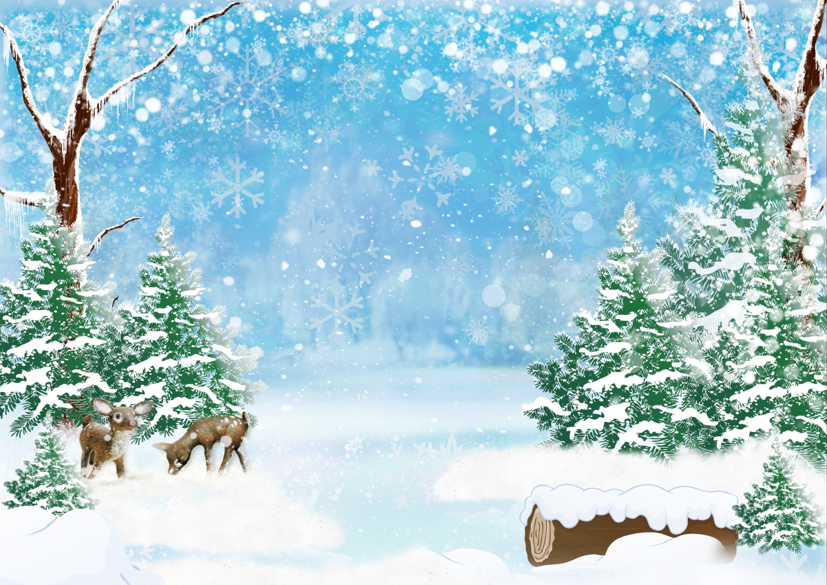 Forest, deer, trees, winter, snowflakes