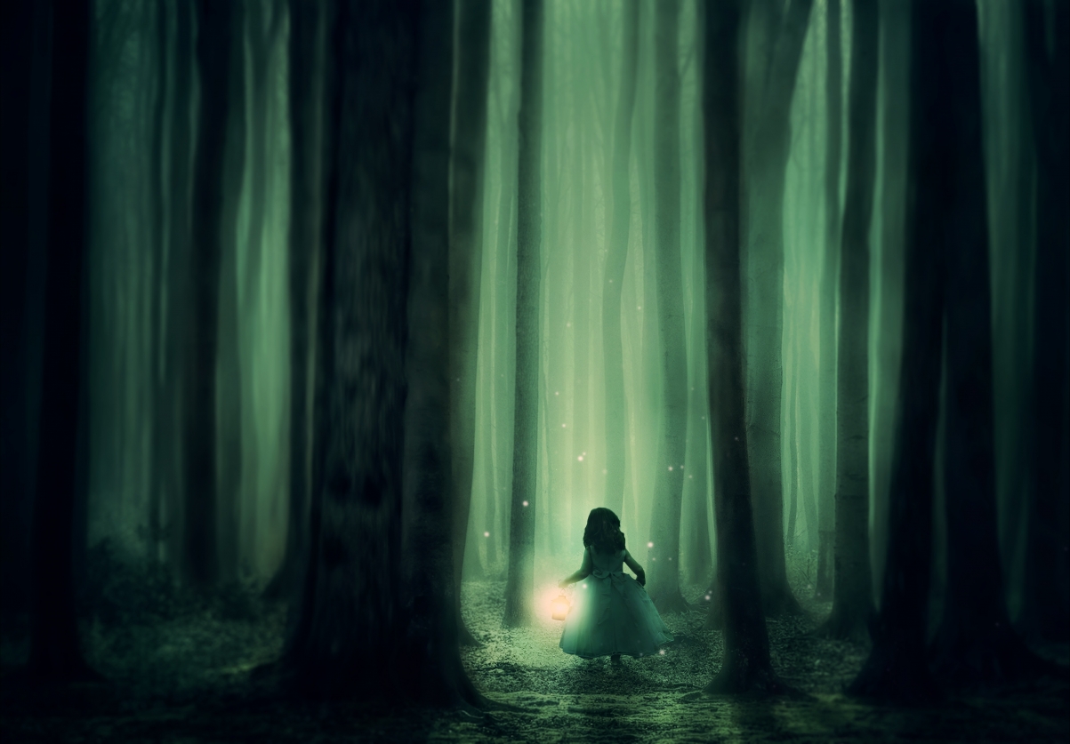 Forest girl trees fog lantern