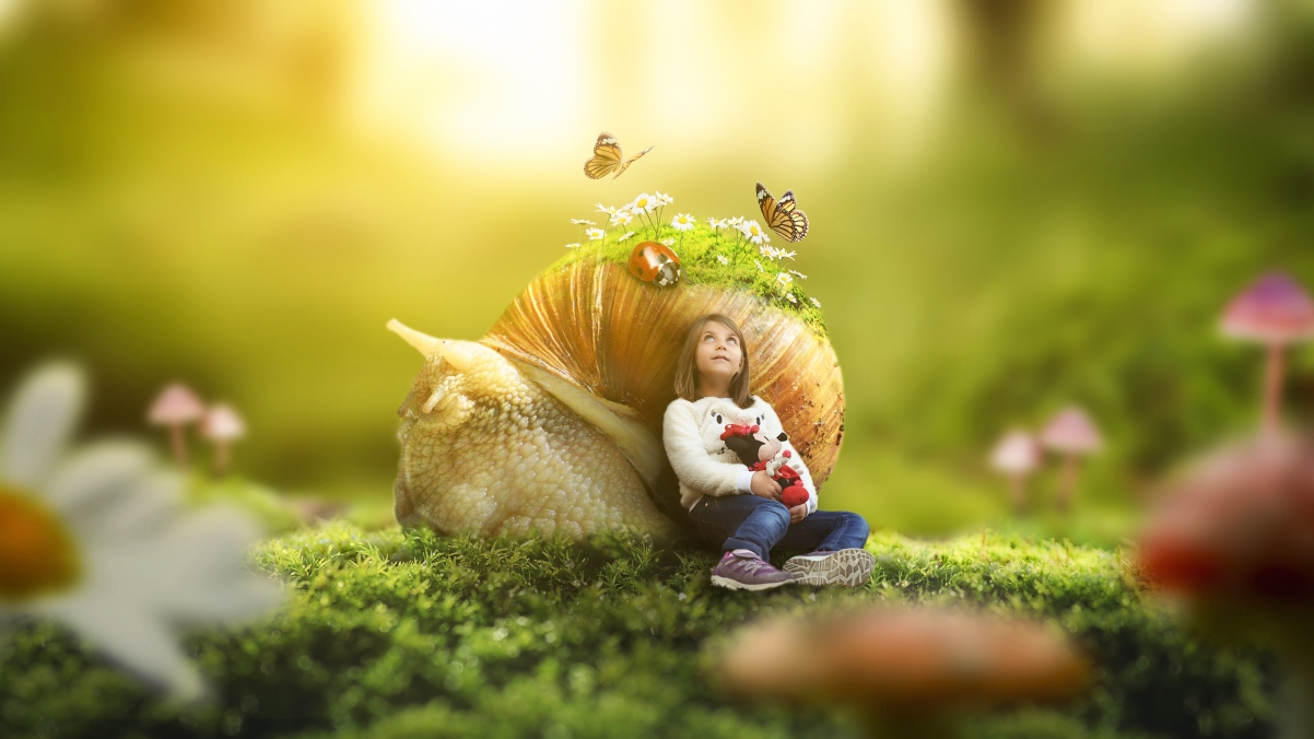 Girl snail sun rays butterfly