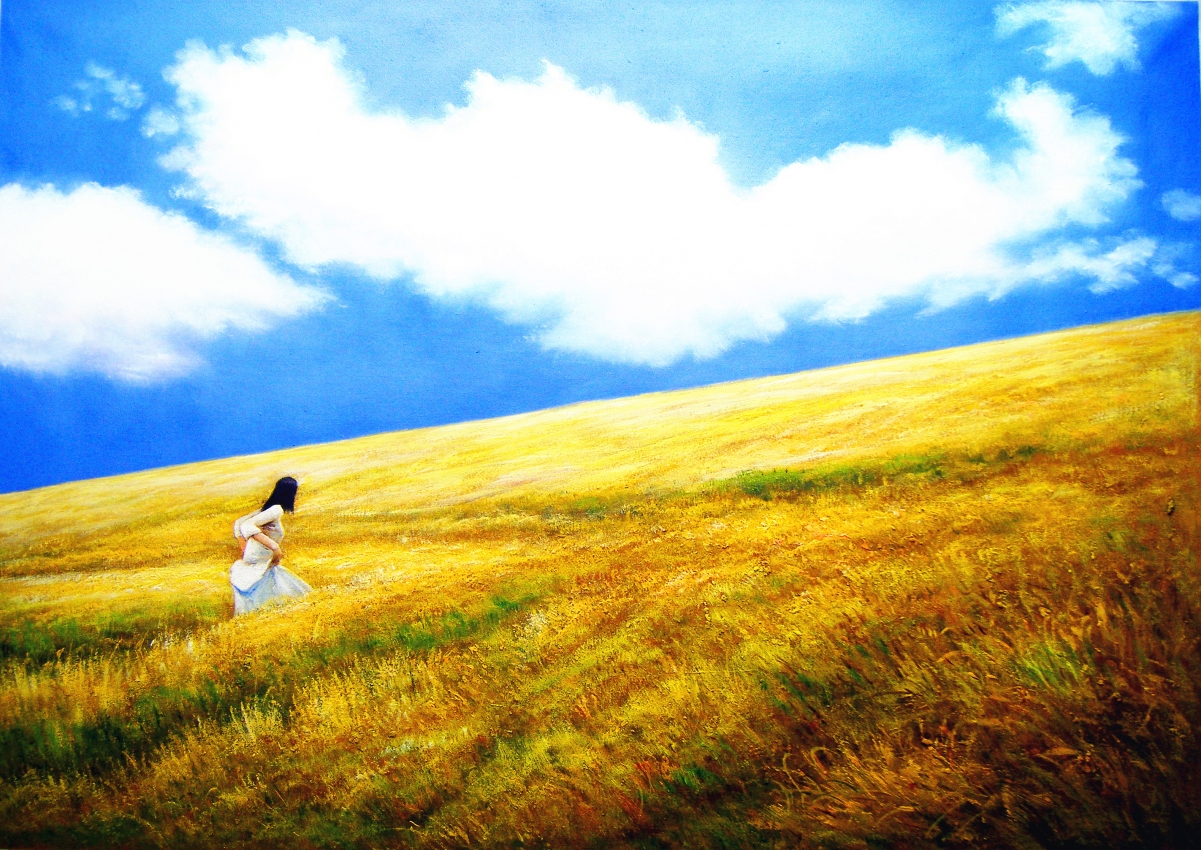 Oil painting of a girl in the golden wheat waves