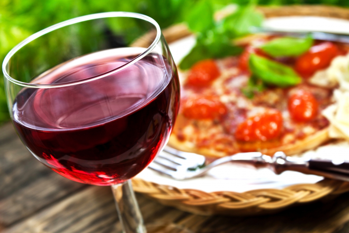 Red wine, glass, pizza, late