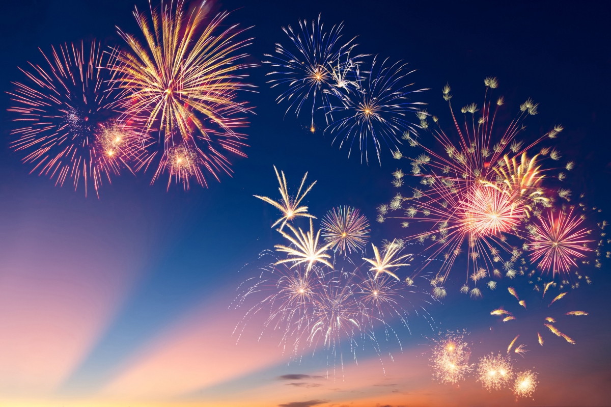 Landscape night fireworks 4K wallpaper