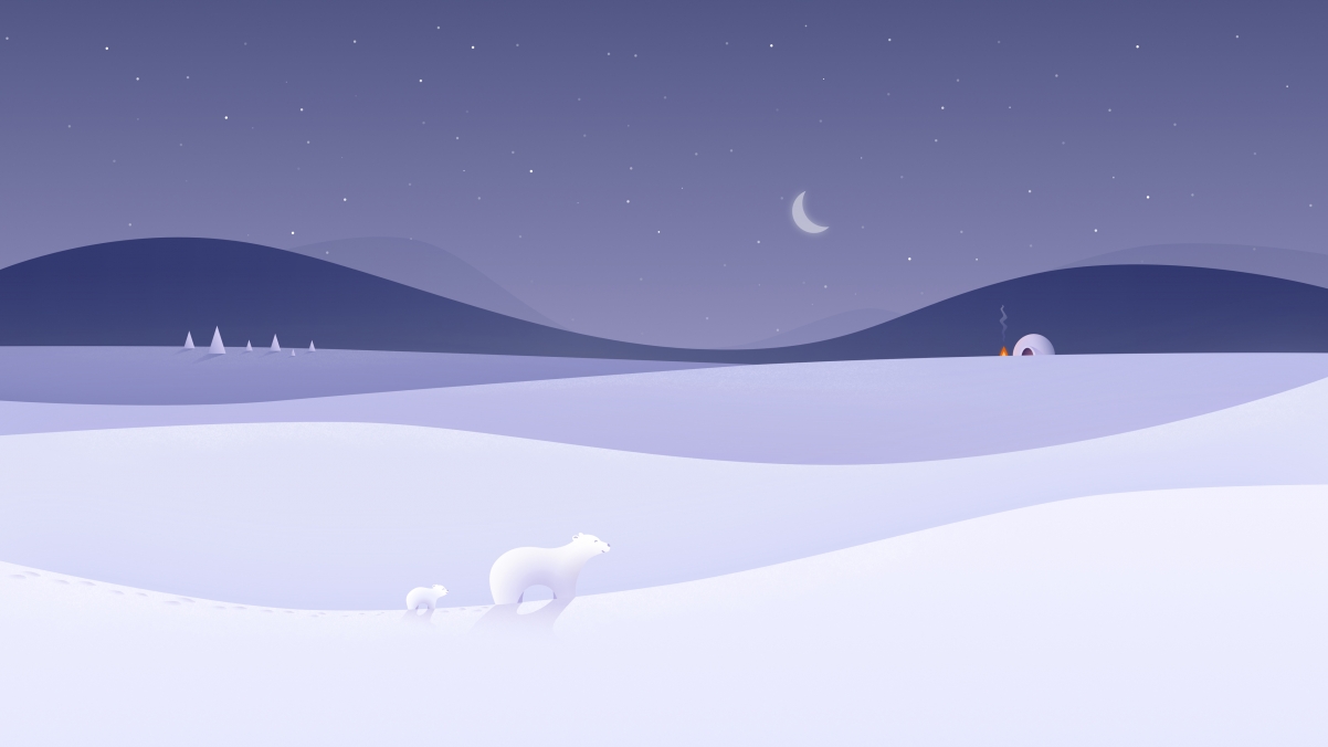 Winter night minimalist landscape bear and