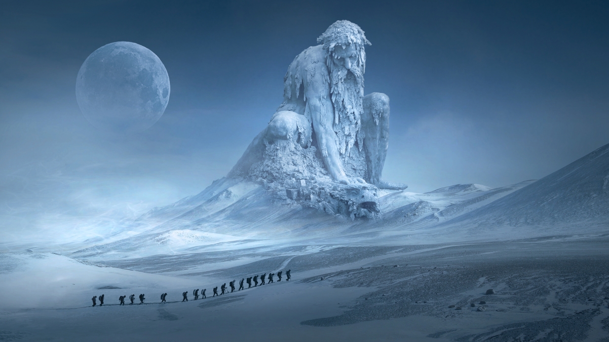 Statue, snow, adventure, exploration 4k wallpaper