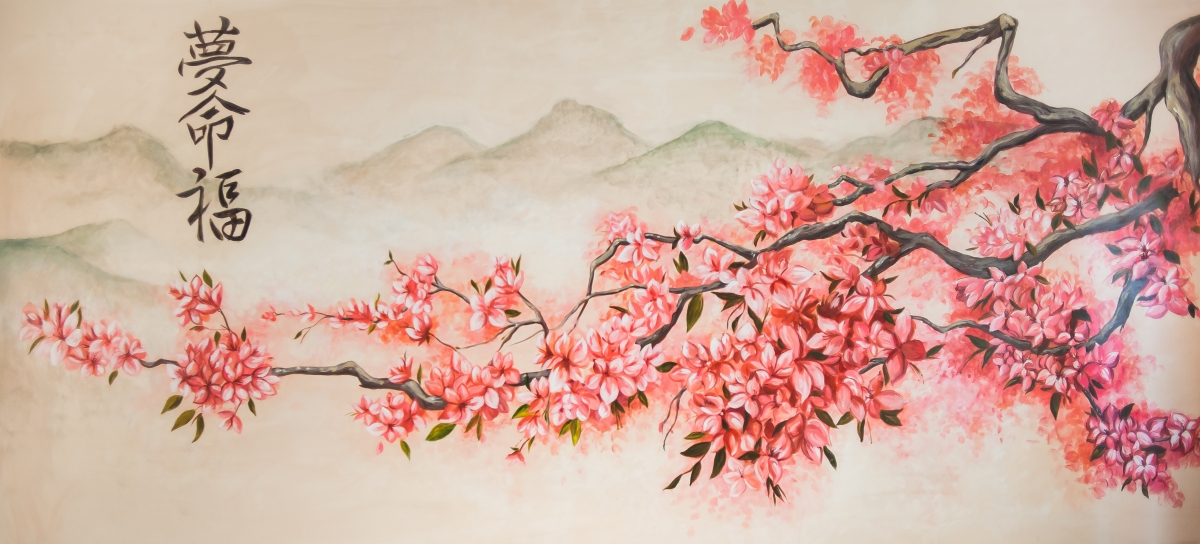Spring mountain cherry blossom art painting