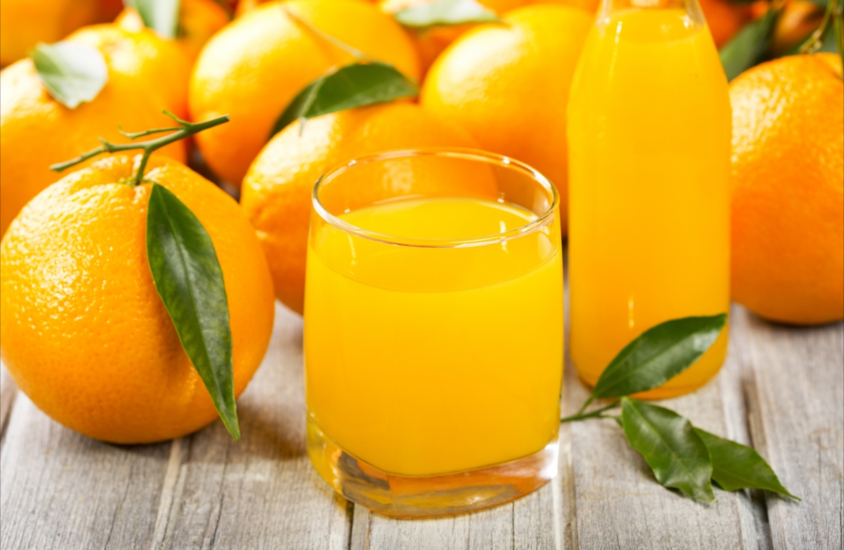 Oranges, orange juice, bottles, glasses,
